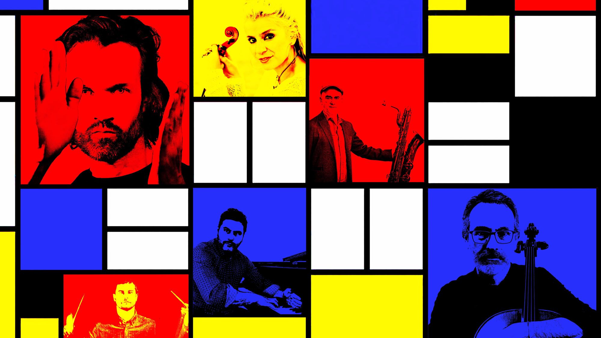 Portraits of Gabriel Prokofiev and the musicians of Morphosis Ensemble in a red, yellow and blue grid, for La tradició en una pista de ball